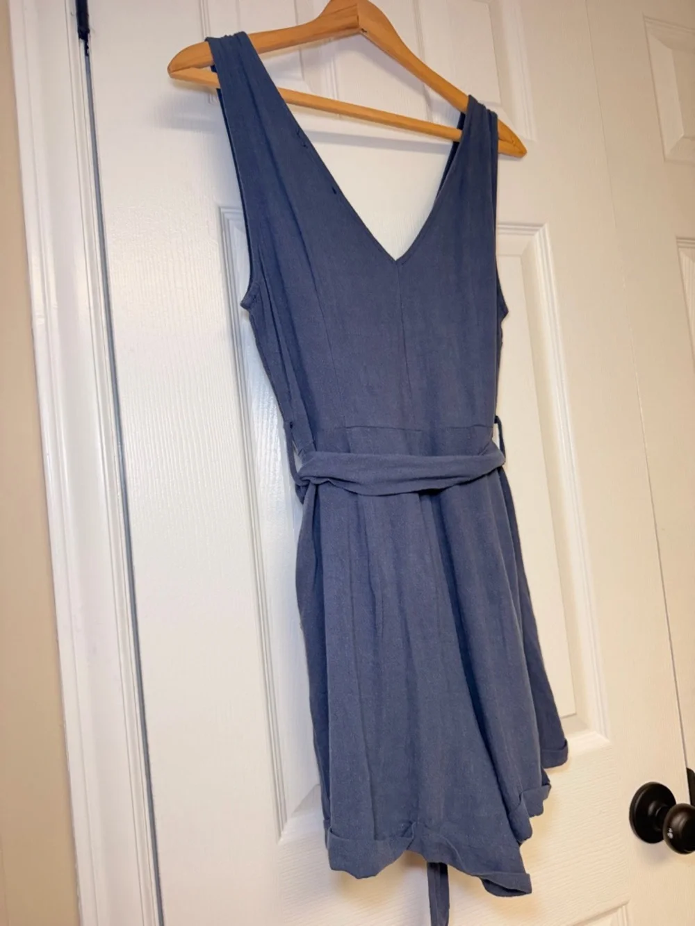 VICI Linen Blend Romper Blue Button Front Tie Waist Pocketed Boho Summer Small - Picture 9 of 11